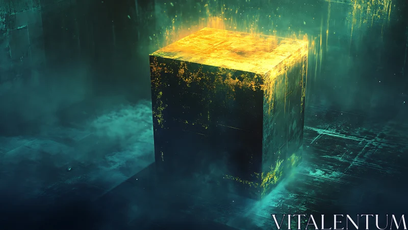 Mysterious glowing cube rests in a misty emerald chamber