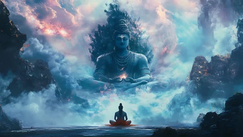 Colossal meditative deity apparition above oceanic clouds.