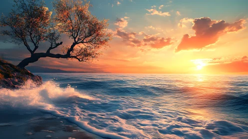 Sunset-swept shoreline tree leaning into molten wavescape.