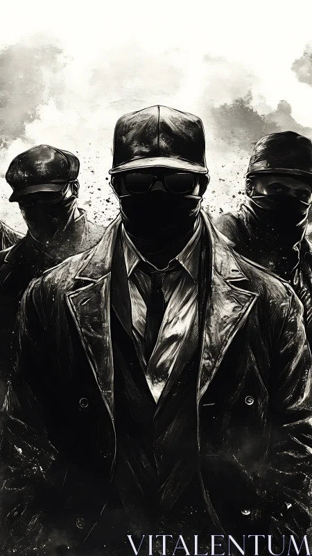 Masked enforcers stand in stark monochrome tension and shadow