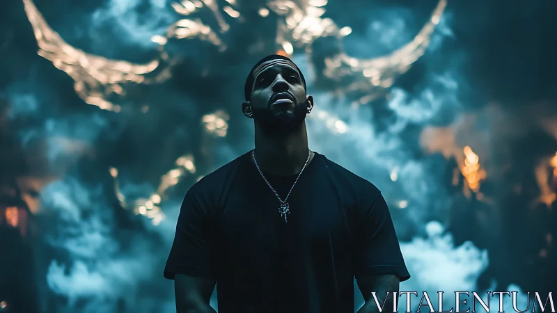 Solitary figure confronts flaming winged phantom in smoky void