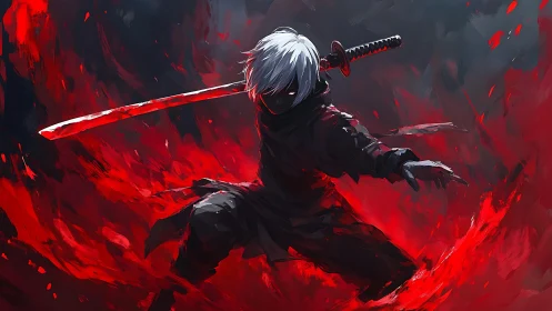 Shadowed sword wielder dancing within crimson flame.