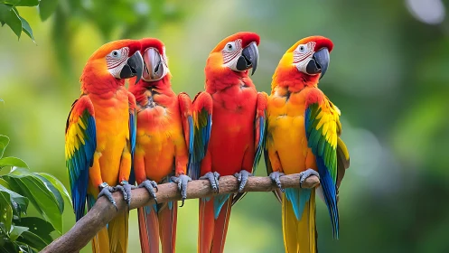 Four Vibrant Scarlet Macaws Perched on Branch in Lush Nature.