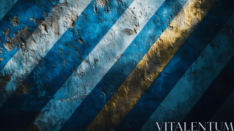 Weathered Wall with Blue and Yellow Diagonal Stripes, Abstract Art.