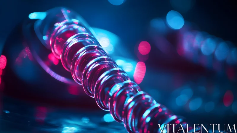 Futuristic Metallic Spring Close-Up with Neon Blue and Pink Lighting.