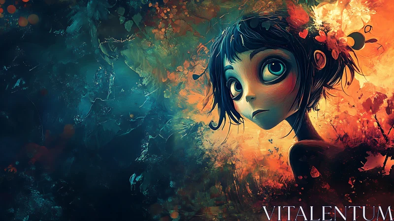 Digital painting portrait in dual-tone abstract environment.