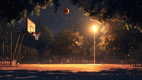 Quiet night basketball court glowing under warm lights.