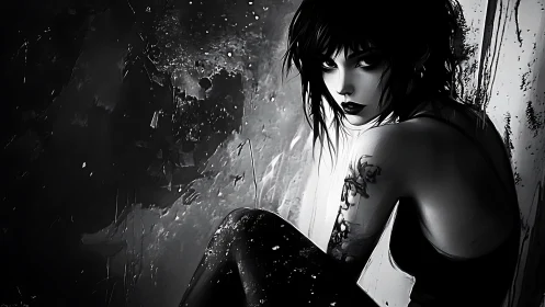 Gothic woman in monochrome corner with tattooed arm.