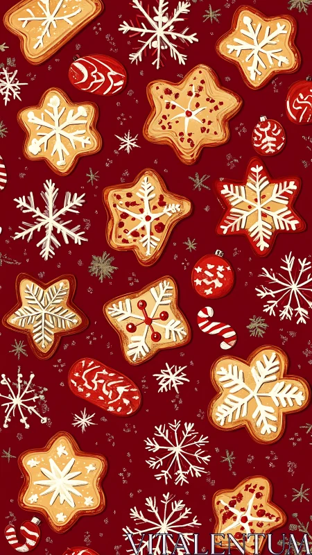 Vector cookie pattern shows stylized snowflakes on deep red ground