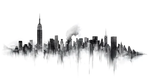 Monochrome city skyline ink wash with vertical drips.