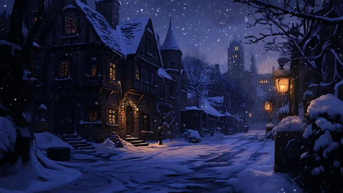 Snow-laden medieval street rendered with warm lamplight occlusion