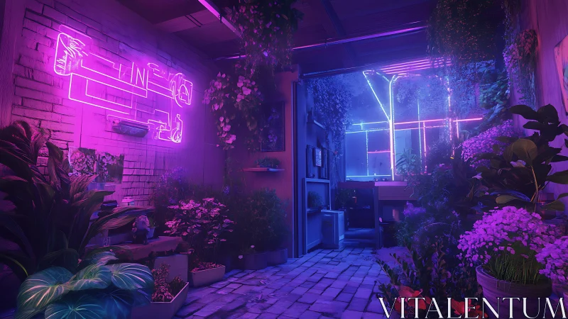 Neon-soaked alley greenhouse where city light nurtures leaves.