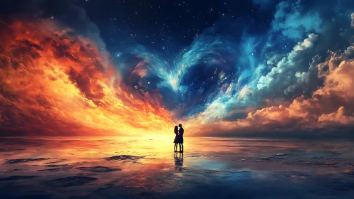 Two figures stand centered on reflective surface beneath dramatic cloud formations.