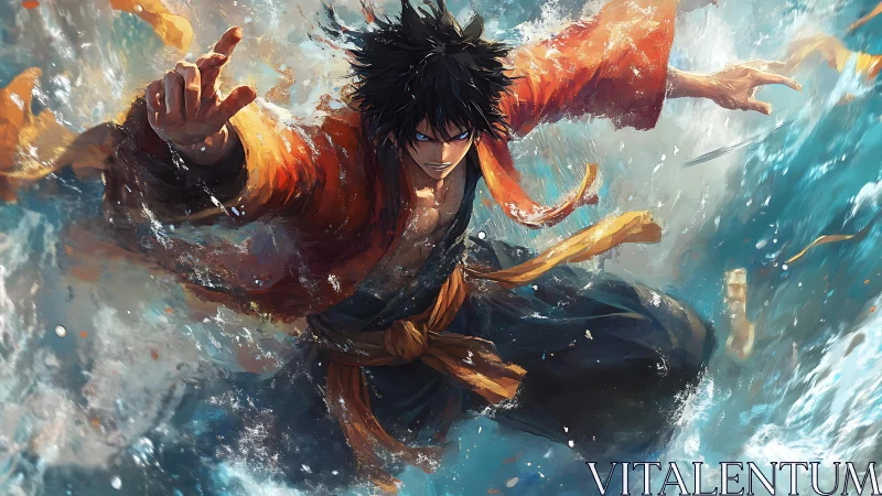 Fiery anime warrior lunges through crashing ocean spray.