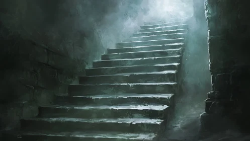 Misty stone staircase gently climbs toward a distant light