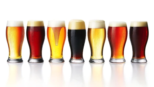 Row of assorted beer glasses displays color and foam range