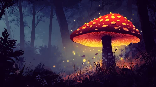 Large red mushroom in dark forest with glowing particles.
