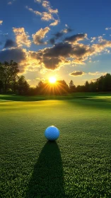 Golden hour golf green with sunlit ball and long shadow.