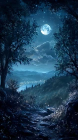 Moonlit forest path overlooking a dreamy valley lake.