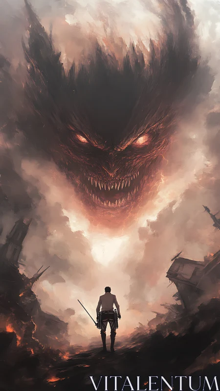 Lone warrior meets blazing sky demon amid ruined city.