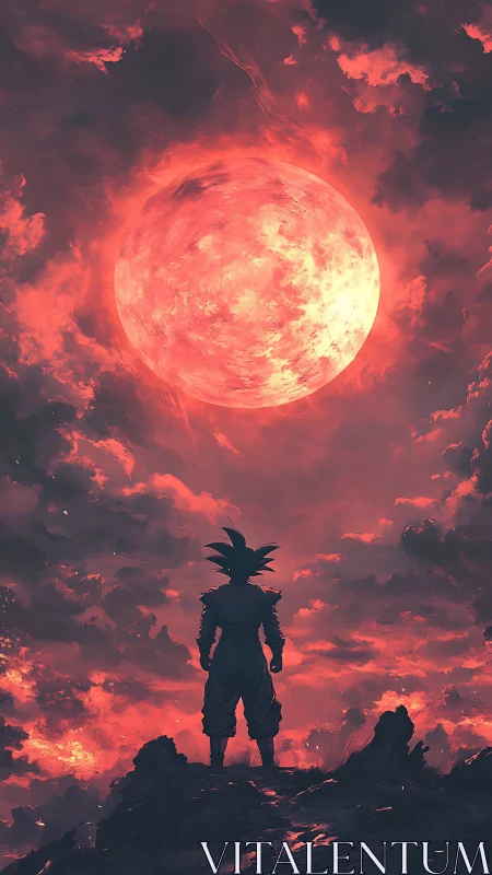 Silhouetted warrior observes large red celestial body
