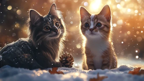 Two kittens in snow with golden light and falling particles.