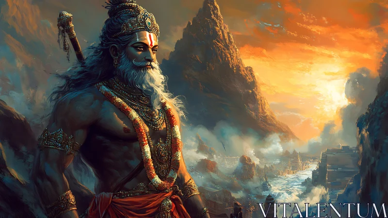 Mythic warrior deity surveys river valley under volcanic sunrise