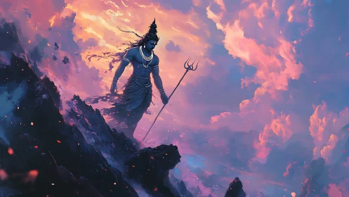 Divine warrior silhouette intersects iridescent storm clouds