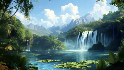 Sunlit jungle waterfall opens into a serene mountain lagoon