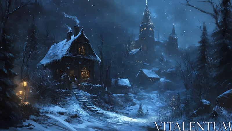 Snow-laden forest village rendered with moody volumetric lighting