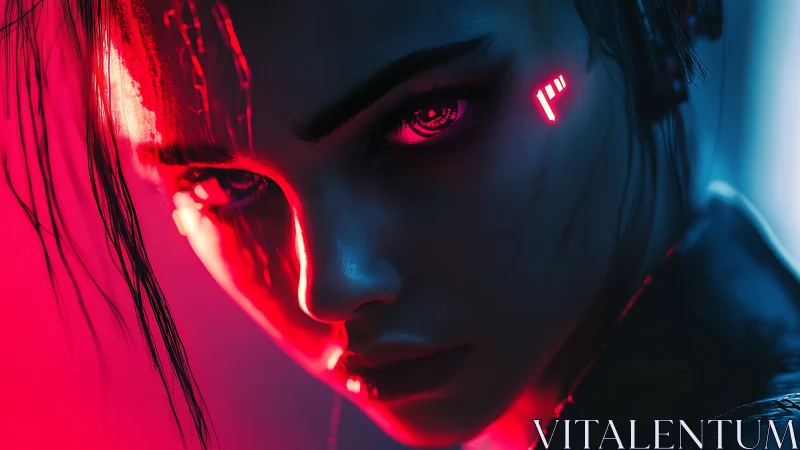 Cyberpunk neon portrait with close-up biometric interface lighting.