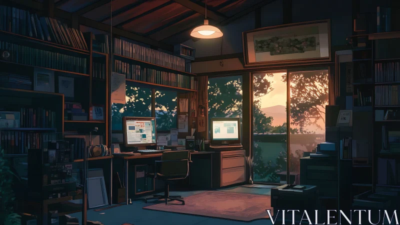 Digital painting of sunset-lit studio workspace interior design.