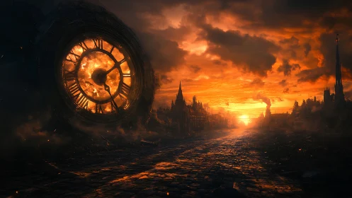 Incandescent ruin-clock dominating a post-apocalyptic avenue.