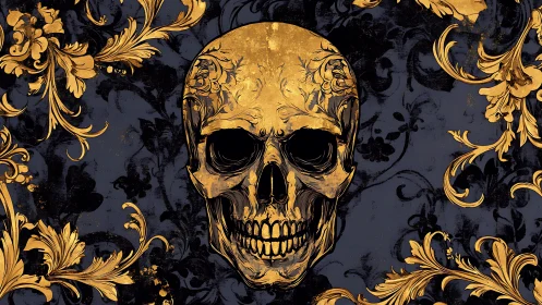 Gilded baroque skull illustration on dark ornamental field.