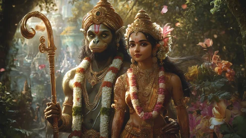 Digital painting of divine couple in lush mythic forest tableau.