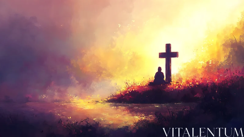 Solitary figure in prayer beside cross at radiant riverside.