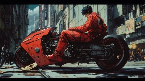 Motorcyclist in red suit on futuristic street bike in city.