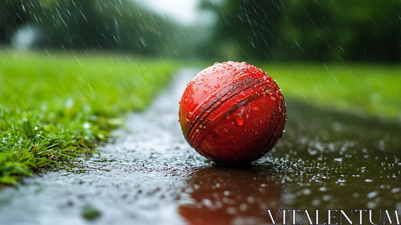 Wet red cricket ball on rain-soaked pitch with shallow depth of field