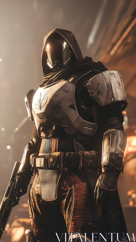 Hooded sci‑fi guardian in reflective battle armor stance.