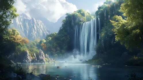 Whispering falls cradle a misty lake in hidden valley.