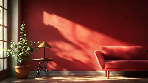 Minimal red living room wall with sofa and sunlight.