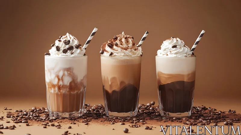 Iced coffee trio stands aligned under warm studio lighting