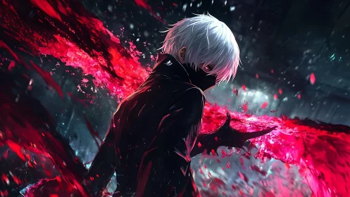 Masked white-haired figure stands before red energy stream