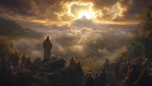 Robed figures observe illuminated city beneath clouded sky