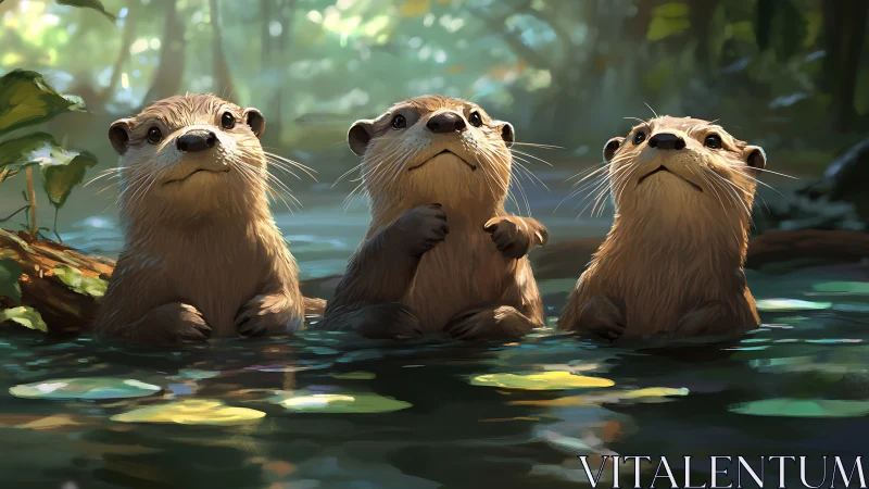 Curious otter trio quietly surfaces in a dappled forest pool
