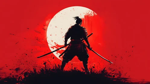Silhouetted samurai stands before circular backlit form