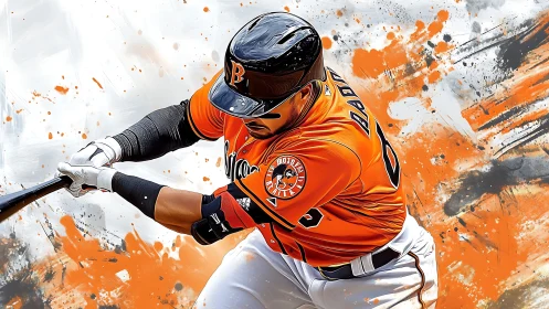 Baseball batter in orange uniform against abstract backdrop.