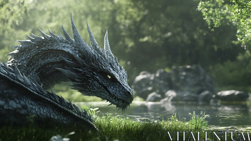 Specular-scaled forest dragon in shallow riparian light field.