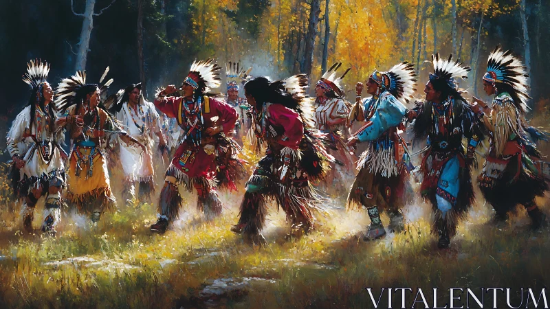 Indigenous dancers move in sunlit forest clearing during ritual