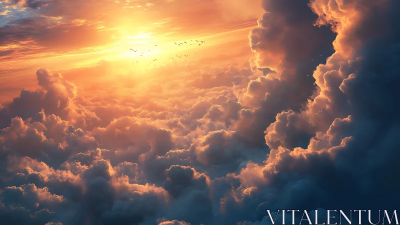 Sunset light across dense cumuliform clouds above horizon.